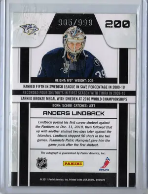 2011-12 Panini Zenith Auto Anders Lindback 905/999 Nashville Predators