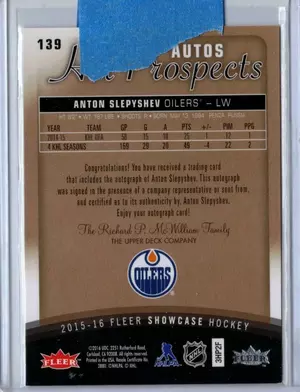 2015-16 UD Fleer Showcase Hot Prospect Auto Anton Slepyshev 249/299 Edmonton Oilers
