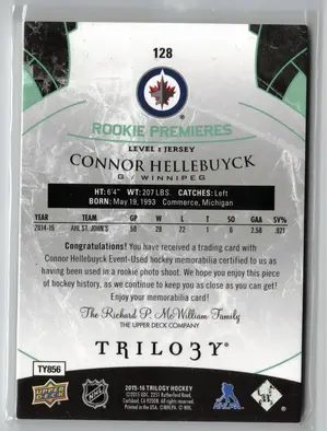 2015-16 Upper Deck Trilogy Rookie Premieres Connor Hellebuyck Jersey LVL1 Winnipeg Jets
