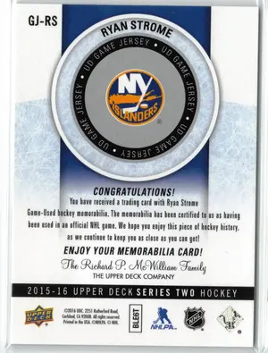 2015-16 UD Ryan Strome GU Jersey New York Islanders