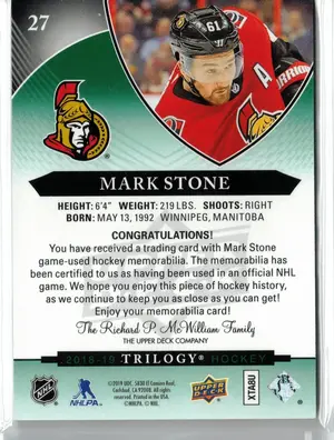 2018-19 UD Trilogy Mark Stone GU Jersey #439/613 Ottawa Senators