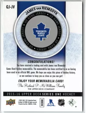 2015-16 UD James Van Remsdyk GU Jersey Toronto Maple Leafs