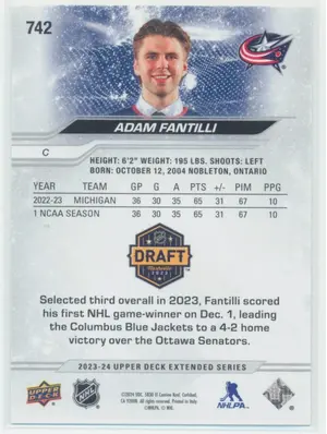 2023-24 Upper Deck Extended Adam Fantilli 1st Round Rookies #742