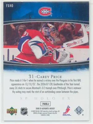 2007-08 Upper Deck SP Authentic Carey Price Holo FX #FX40