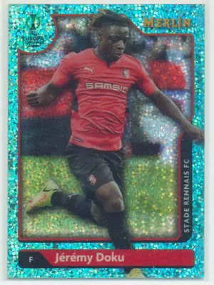 2021-22 Topps Merlin Collection Chrome UCL - Jeremy Doku #11 Aqua Speckle Refractor Parallel 62/199