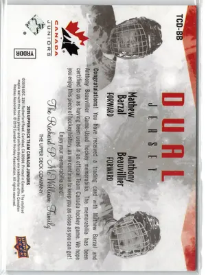 2015-16 UD Canada Juniors Dual Barzal Beauvillier GU Jersey