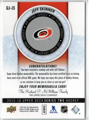 2015-16 UD Jeff Skinner GU Jersey Carolina Hurricanes