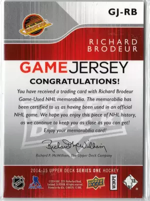 2014-15 UD Richard Brodeur GU Jersey Vancouver Canucks