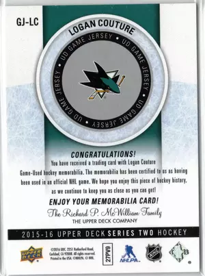 2015-16 UD Logan Couture GU Jersey San Jose Sharks
