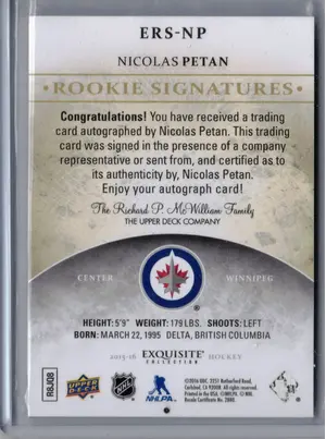 2015-16 UD Exquisite Rookies Signatures Nicolas Petan 279/399