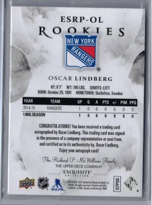 2015-16 UD Exquisite Rookies Signatures Oscar Lindberg 211/249