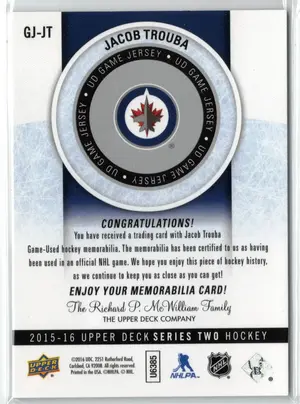 2015-16 UD Jacob Trouba GU Jersey Winnipeg Jets