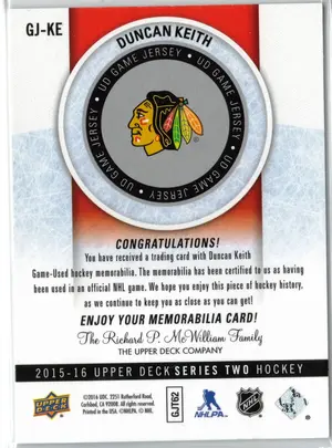 2015-16 UD Duncan Keith GU Jersey 2 Color Chicago Blackhawks