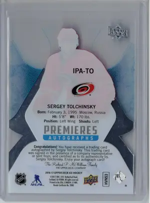 2016-17 UD Ice Premieres Auto 105/299 Sergey Tolchinsky Carolina Hurricanes