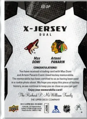 2015-16 UD SPX XJersey Dual Rookie Domi Panarin EV Jersey Chicago Arizona