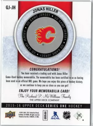 2015-16 UD Jonas Hiller GU Jersey Calgary Flames