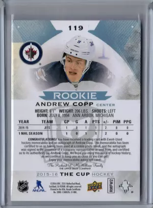 2015-16 UD The Cup RPA Andrew Copp 047/249 Winnipeg Jets