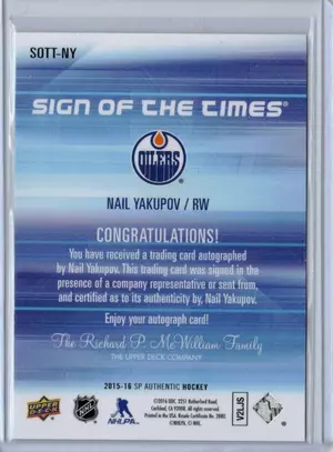 2015-16 UD SP Authentic Sign of the Times Nail Yakupov Edmonton Oilers