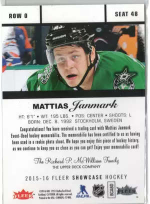 2015-16 UD Fleer Showcase Rookie Mattias Janmark EV Jersey Dallas Stars