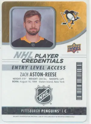 2018-19 UPPER DECK MVP - ZACH ASTON-REESE #NHL-ZA PLAYER CREDENTIALS ENTRY LEVEL ACCESS