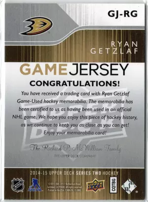 2014-15 UD Ryan Getzlaf GU Jersey Anaheim Ducks