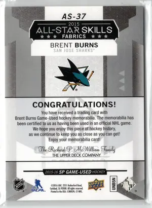 2015-16 UD SPGU Brent Burns All Stars Skills Fabrics GU Jersey San Jose Sharks