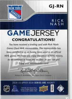 2014-15 UD Rick Nash GU Jersey  New York Rangers