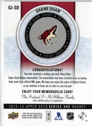 2015-16 UD Shane Doan GU Jersey Arizona Coyotes
