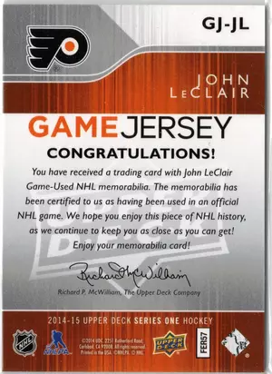 2014-15 UD John Leclair GU Jersey Philadelphia Flyers
