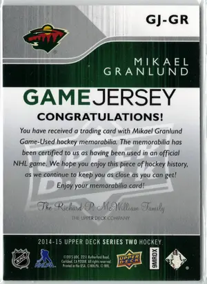 2014-15 UD Mikael Granlund GU Jersey Minnesota Wild