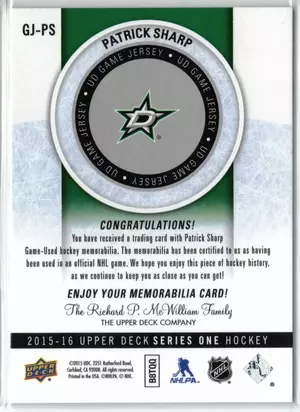 2015-16 UD Patrick Sharp GU Jersey Dallas Stars