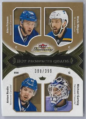 2016-17 Fleer Showcase (Hot Prospects Quads) #205 Alex Friesen, Wade Megan, Anton Rodin & Michael Garteig RC (388/399)