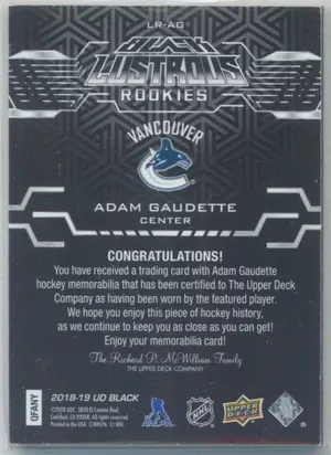 2018-19 Upper Deck UD Black Adam Gaudette Black Lustrous Rookies Purple Parallel #LR-AG 33/35