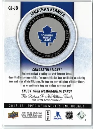 2015-16 UD Jonathan Bernier GU Jersey Toronto Maple Leafs