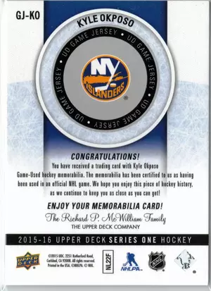 2015-16 UD Kyle Okposo GU Jersey New York Islanders