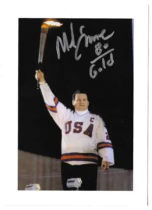 Mike Eruzione (Miracle On Ice) Signed 5x7 Photocard w/ Inscription ('80 Gold)