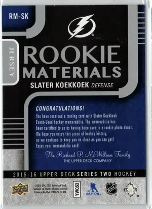 2015-16 UD Slater Koekkoek White Rookie Materials EV Jersey Tampa Bay Lightning
