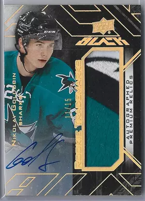 2015-16 UD Black Rookie Trademarks Autographed Premium Relics #RTR-NG Nikolay Goldobin (11/15)