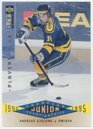 1995-96 COLLECTOR'S CHOICE - ANDREAS SJOLUND #340 EUROPEAN JUNIOR CHAMPIONSHIPS PLAYER'S CLUB