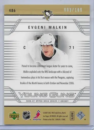 2006-07 Upper Deck UD Exclusives #486 Evgeni Malkin RC (Young Guns) (003/100)