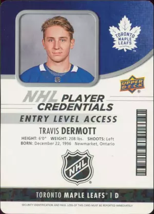 2018-19 MVP - TRAVIS DERMOTT #NHL-TD PLAYER CREDENTIALS ENTRY LEVEL ⚠
