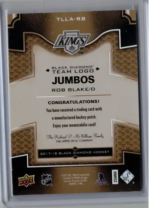 2017-18 UD Black Diamond Team Logo Jumbo Rob Blake 03/15 Los Angeles Kings