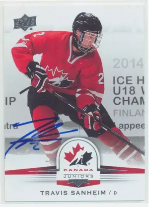 2014 UPPER DECK TEAM CANADA JUNIORS - TRAVIS SANHEIM #42 AUTOGRAPH