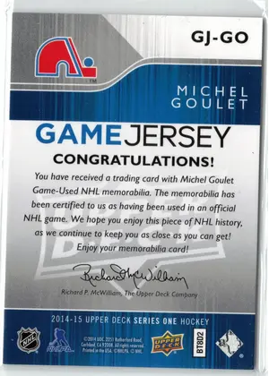2014-15 UD Michel Goulet GU Jersey Quebec Nordiques