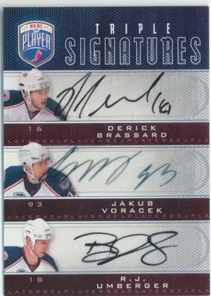 2009-10 BE A PLAYER - DERICK BRASSARD/JAKUS VORACEK/R.J. UMBERGER #S3-UBV TRIPLE SIGNATURES