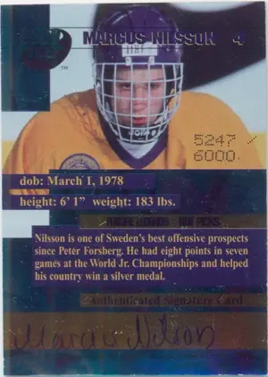 1996 COLLECTOR'S EDGE FUTURE LEGENDS - MARCUS NILSSON #4 AUTO HOT PICKS 5247/6000