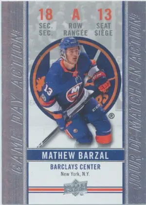 2018-19 TIM HORTONS - MATHEW BARZAL #GDA-13 GAME DAY ACTION