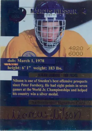 1996 COLLECTOR'S EDGE FUTURE LEGENDS - MARCUS NILSSON #4 AUTO HOT PICKS 4820/6000