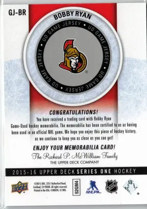 2015-16 UD Bobby Ryan GU Jersey Black Ottawa Senators