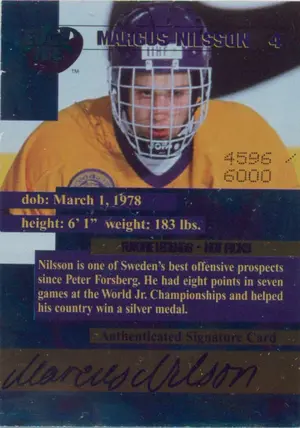 1996 COLLECTOR'S EDGE FUTURE LEGENDS - MARCUS NILSSON #4 AUTO HOT PICKS 4596/6000